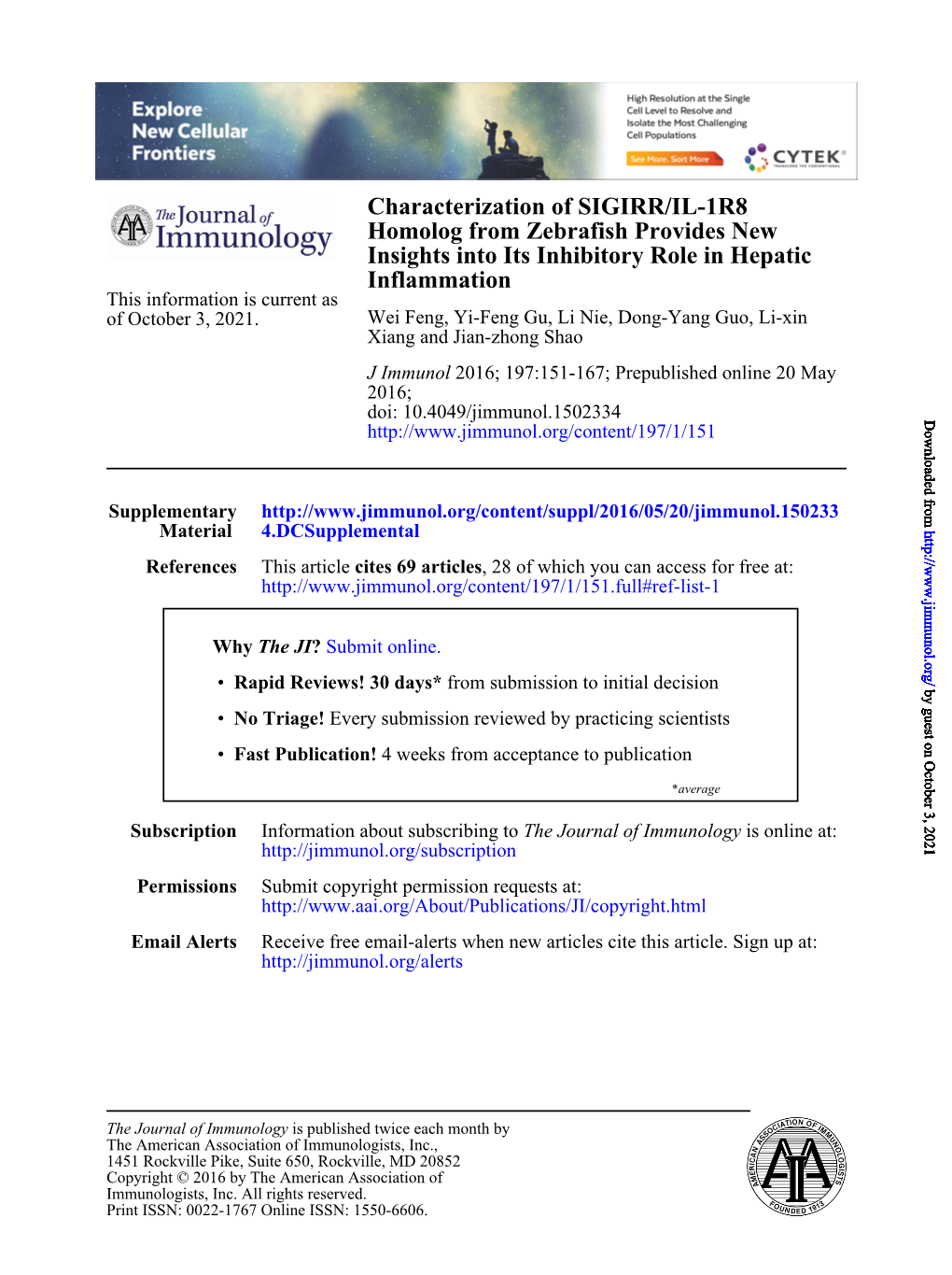 Characterization of SIGIRR/IL-1R8 Homolog from Zebrafish Provides