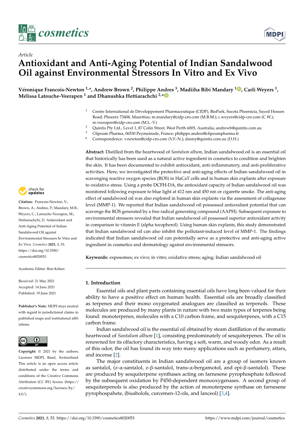 Antioxidant and Anti-Aging Potential of Indian Sandalwood Oil Against Environmental Stressors in Vitro and Ex Vivo