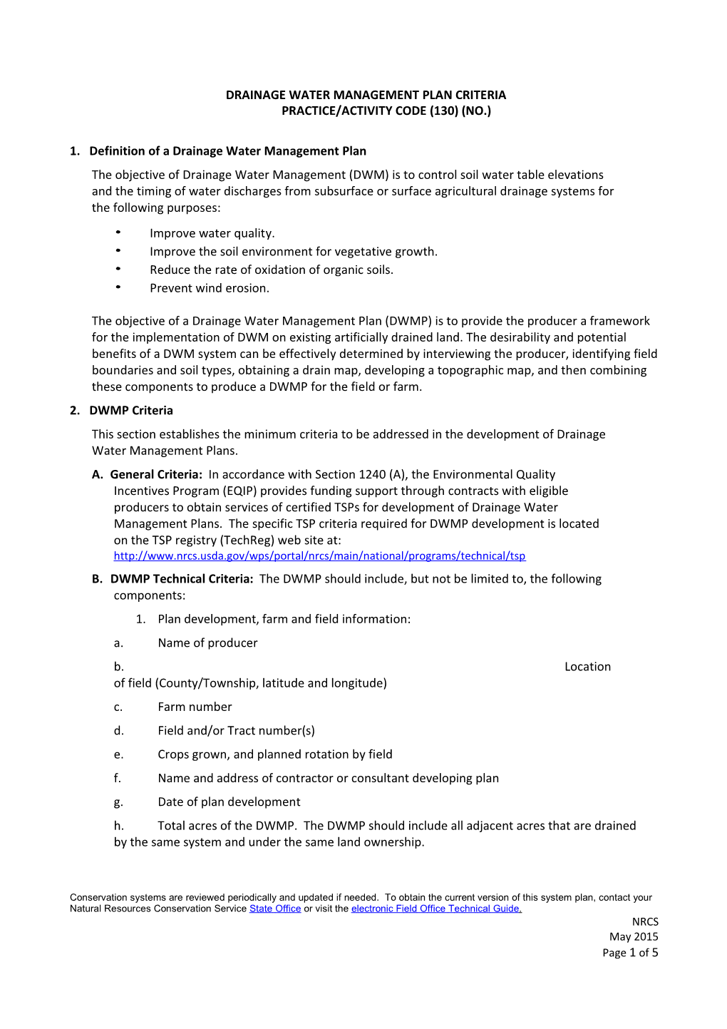 Drainage Water Management Plan Criteria