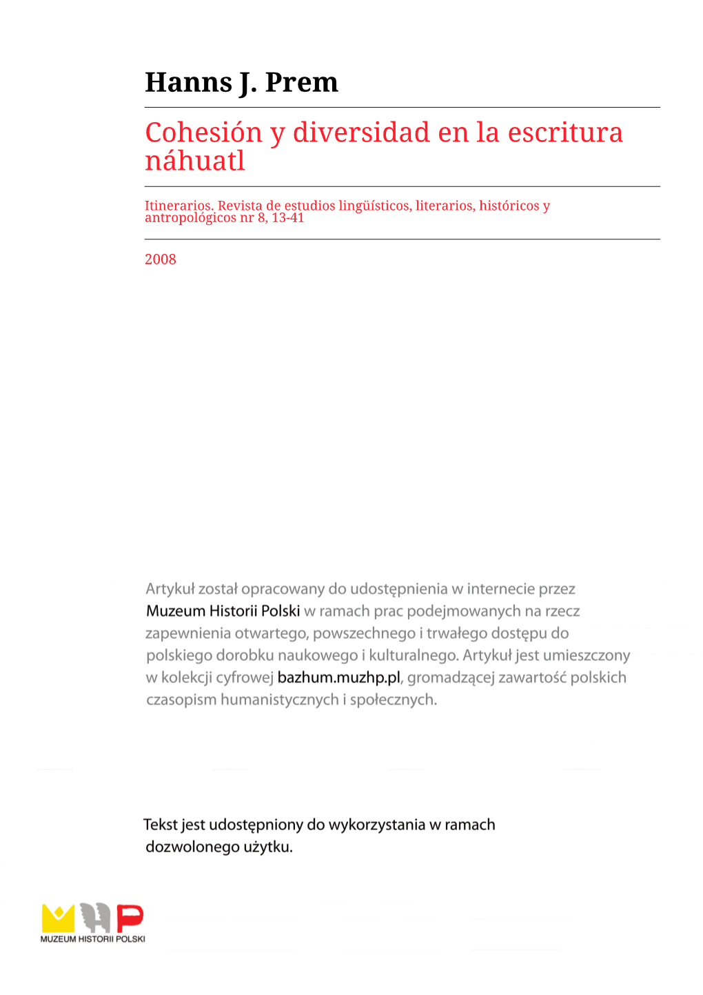 Hanns J. Prem Cohesión Y Diversidad En La Escritura Náhuatl