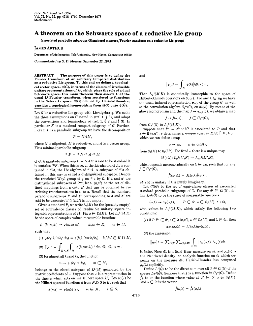 A Theorem on the Schwartz Space of a Reductive Lie Group (Associated Parabolic Subgroups/Plancherel Measure/Fourier Transform on a Reductive Lie Group)