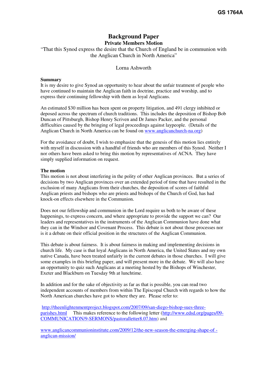 Background Paper Private Members Motion “That This Synod Express the Desire That the Church of England Be in Communion with the Anglican Church in North America”