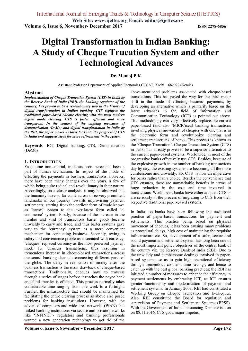 Digital Transformation in Indian Banking: a Study of Cheque Trucation System and Other Technological Advances