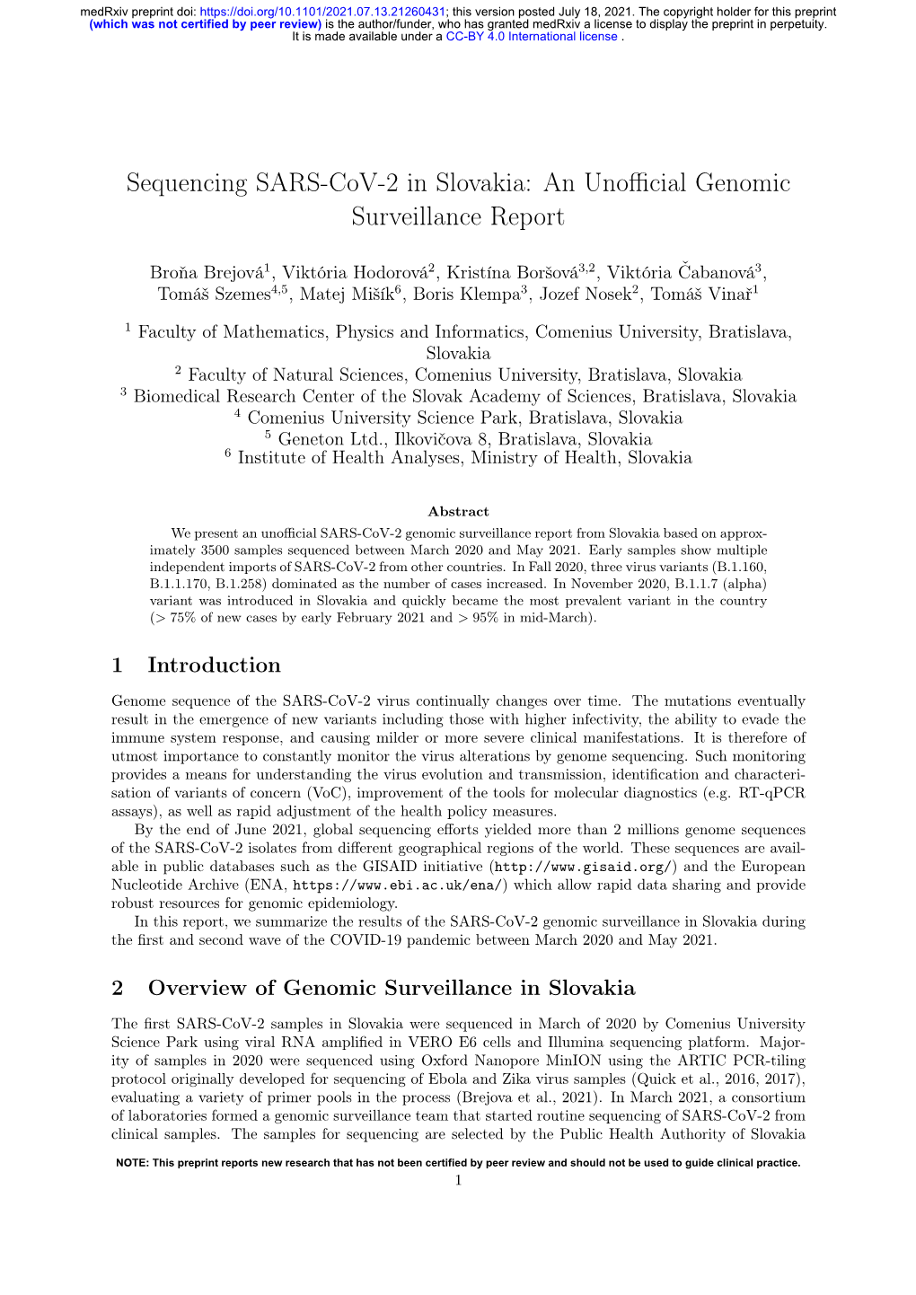 Sequencing SARS-Cov-2 in Slovakia: an Unofficial Genomic Surveillance Report