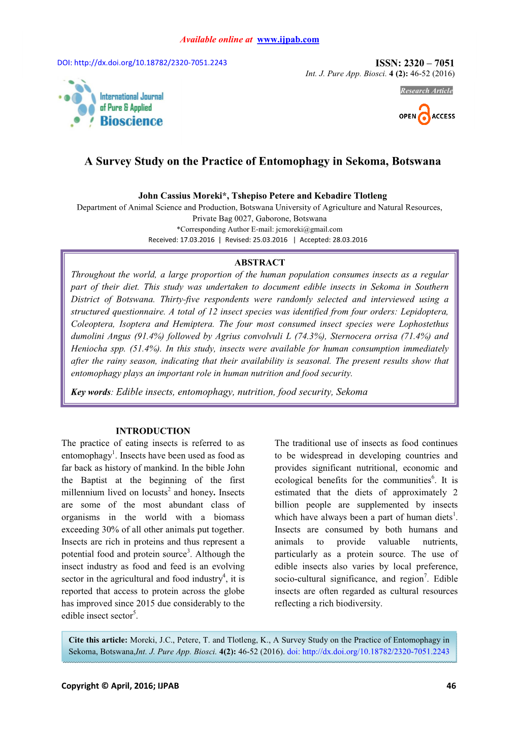 A Survey Study on the Practice of Entomophagy in Sekoma, Botswana