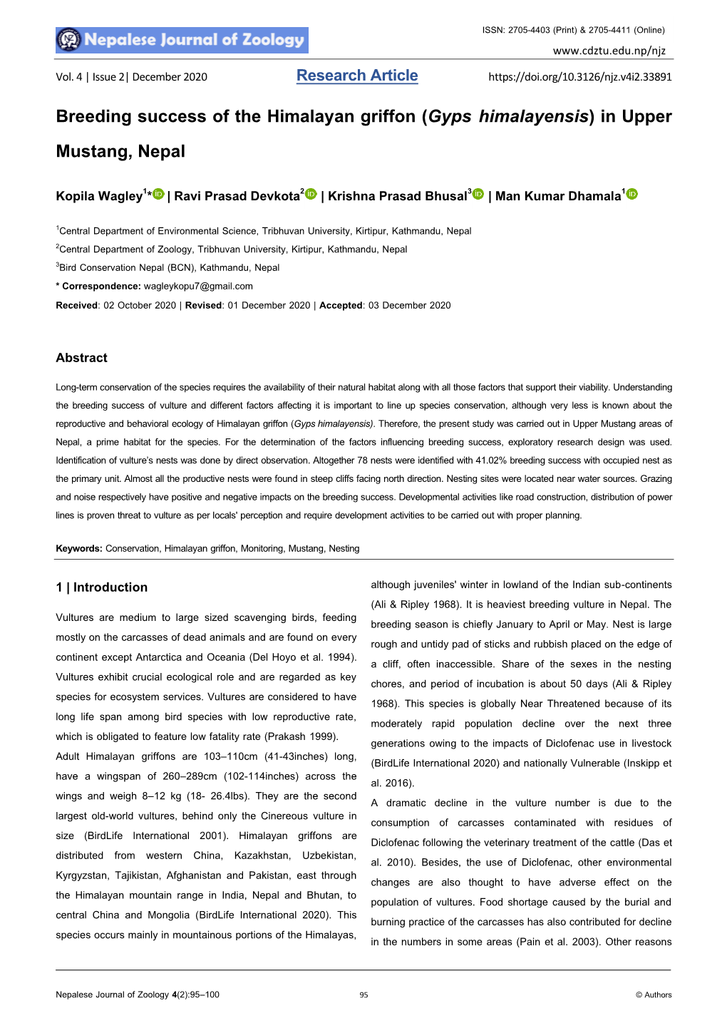 Breeding Success of the Himalayan Griffon (Gyps Himalayensis) in Upper Mustang, Nepal