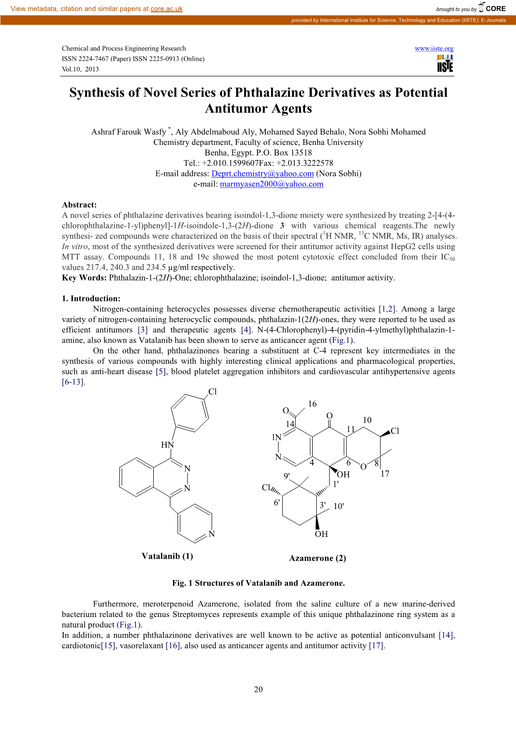 Synthesis of Novel Series of Phthalazine Derivatives As Potential Antitumor Agents