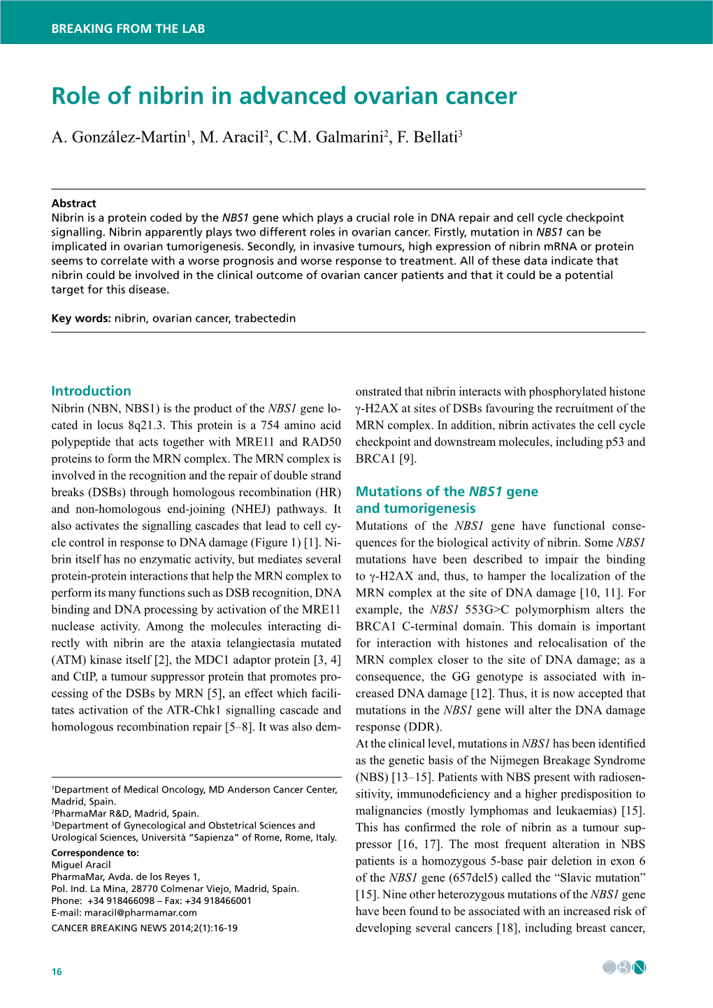 Role of Nibrin in Advanced Ovarian Cancer