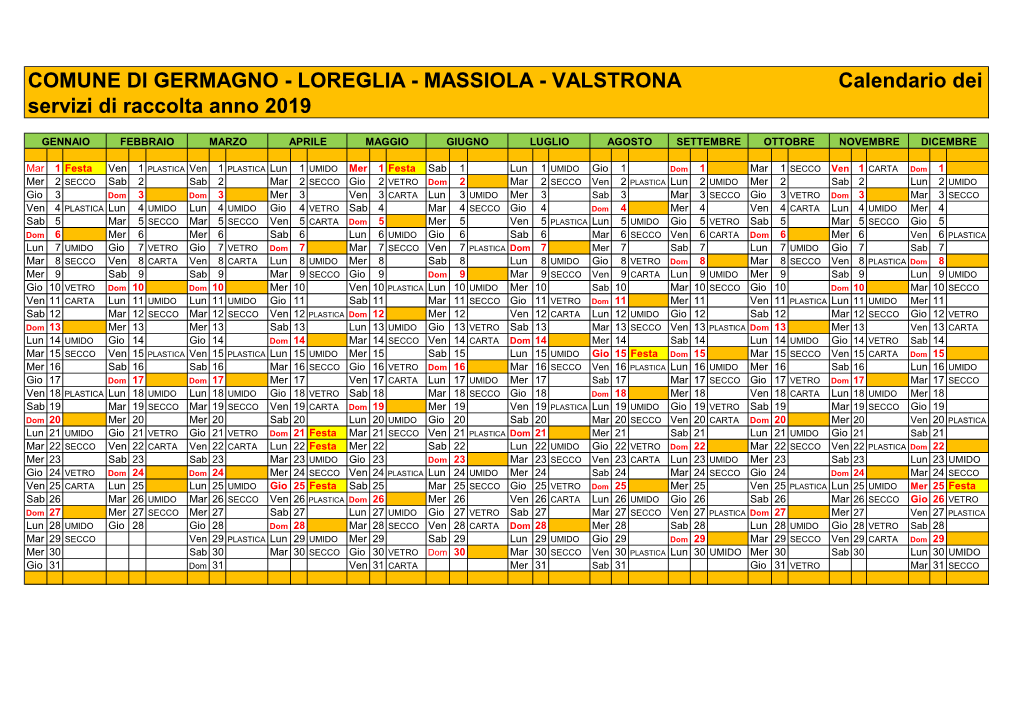 COMUNE DI GERMAGNO - LOREGLIA - MASSIOLA - VALSTRONA Calendario Dei Servizi Di Raccolta Anno 2019