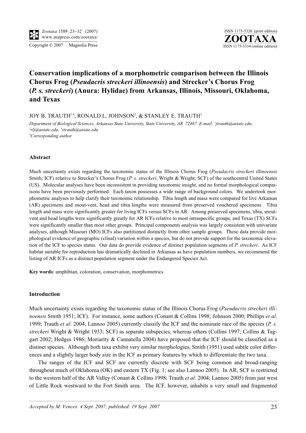 Zootaxa,Conservation Implications of a Morphometric