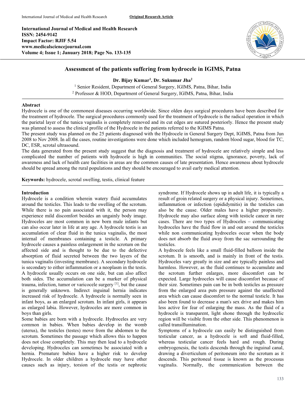 Assessment of the Patients Suffering from Hydrocele in IGIMS, Patna