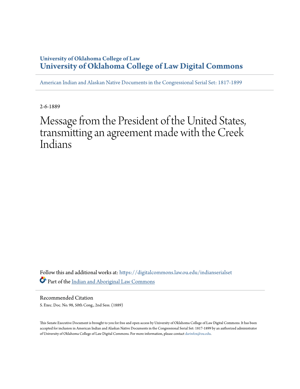 Message from the President of the United States, Transmitting an Agreement Made with the Creek Indians