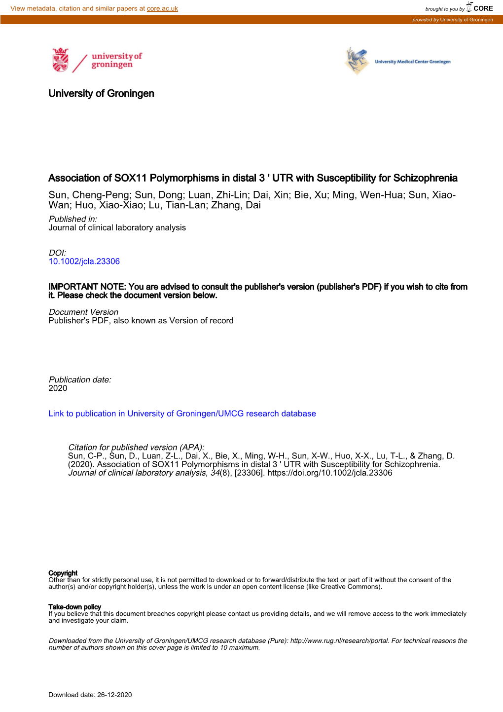 Association of SOX11 Polymorphisms in Distal 3