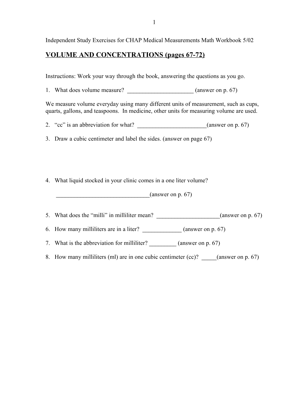 Independent Study Exercises for CHAP Medical Measurements Math Workbook 2/01