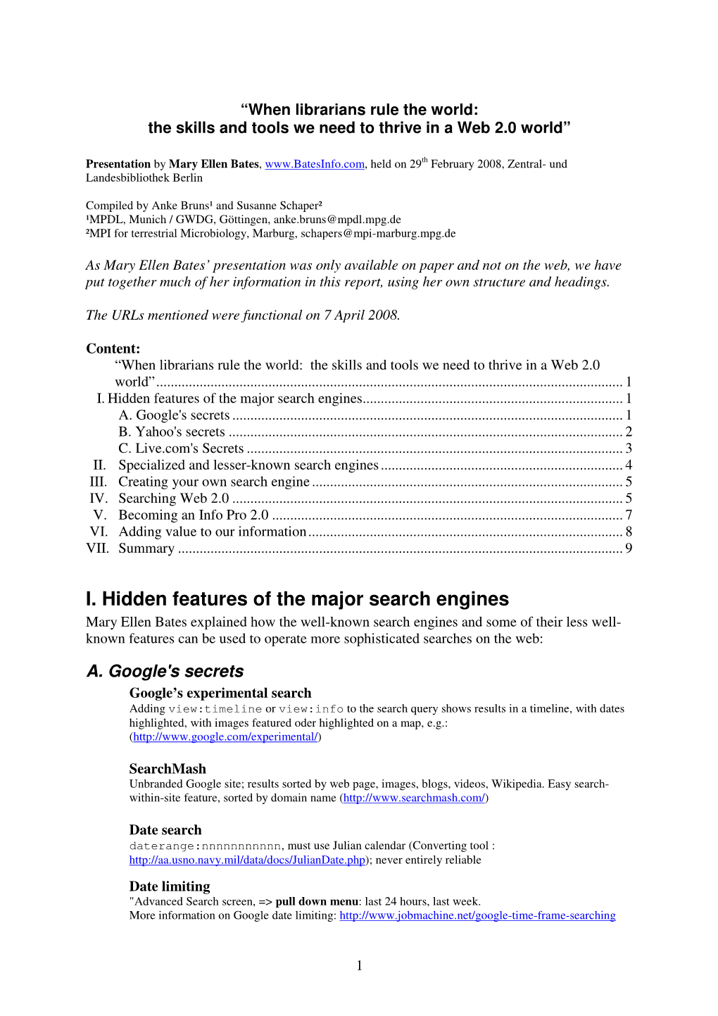 I. Hidden Features of the Major Search Engines