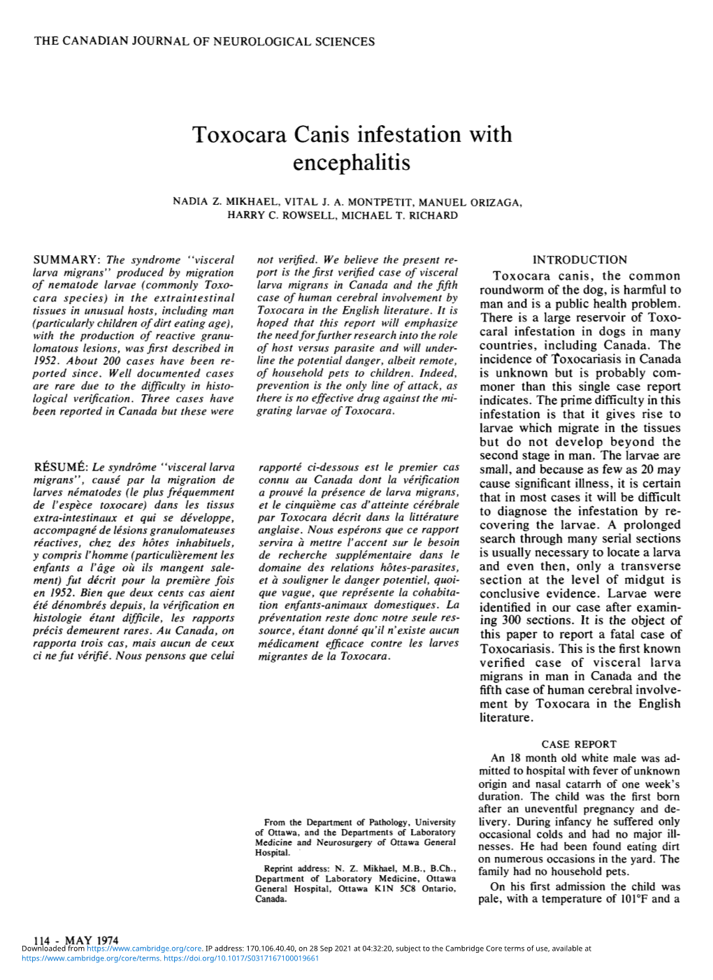 Toxocara Canis Infestation with Encephalitis