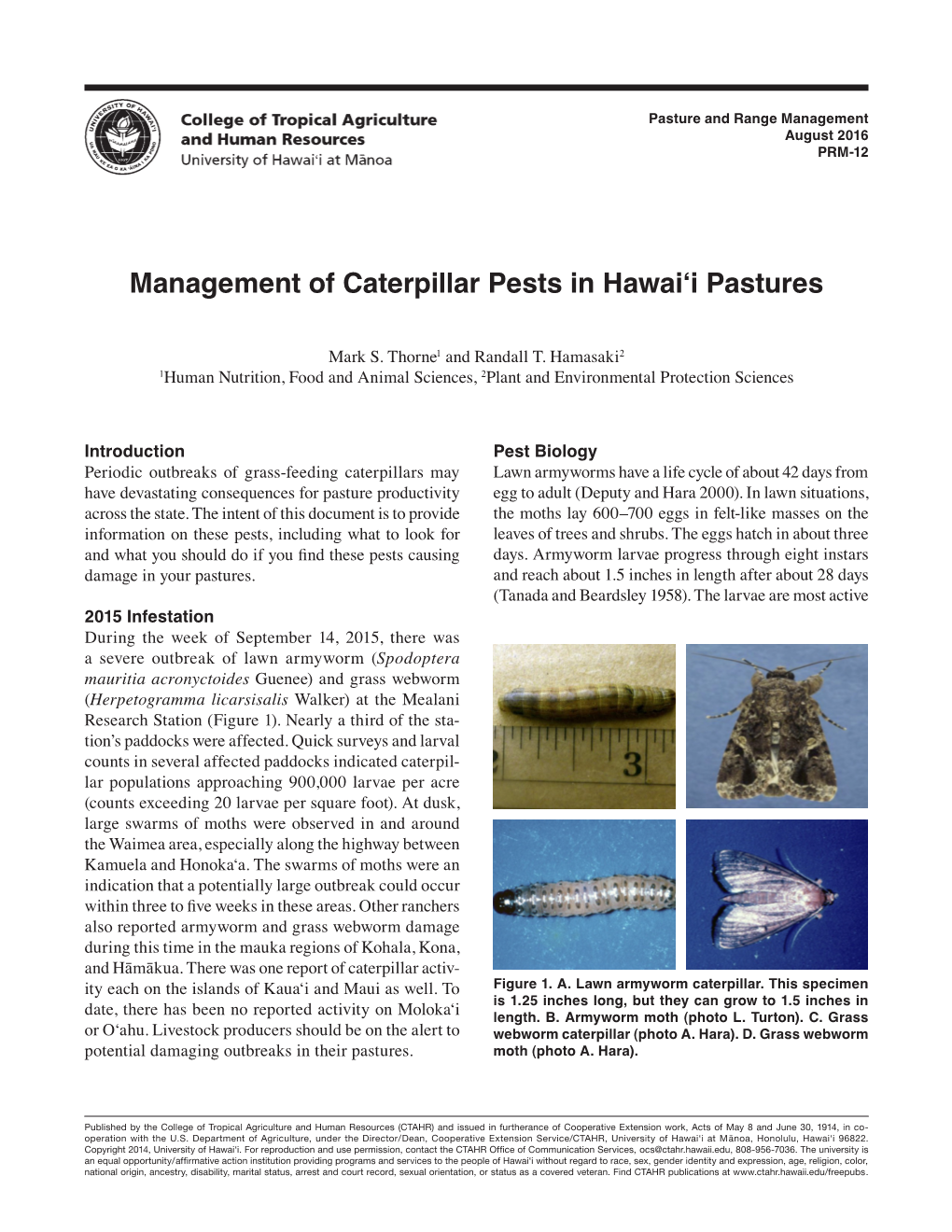 Management of Caterpillar Pests in Hawai'i Pastures
