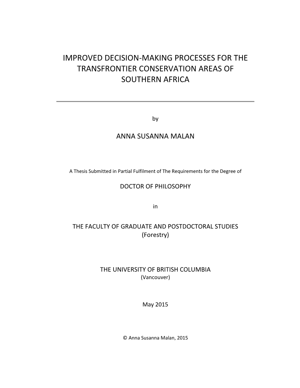 Improved Decision-Making Processes for the Transfrontier Conservation Areas of Southern Africa