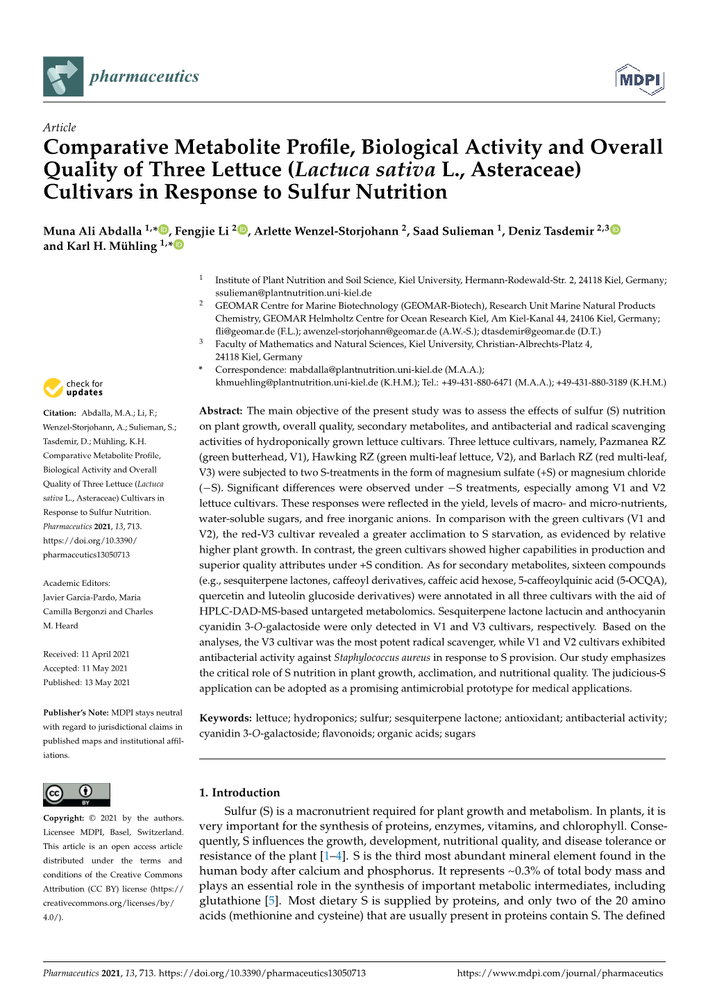 Lactuca Sativa L., Asteraceae) Cultivars in Response to Sulfur Nutrition