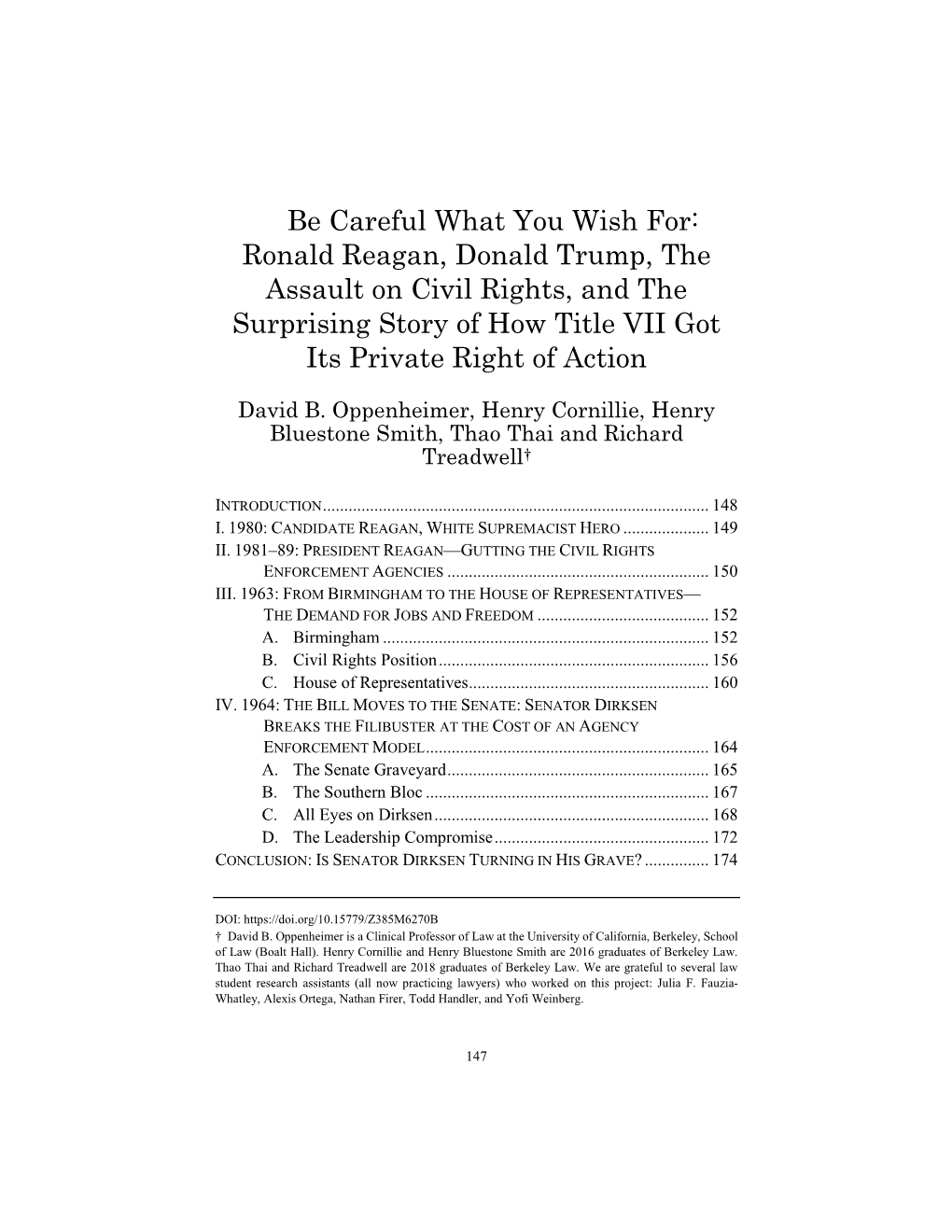 Be Careful What You Wish For: Ronald Reagan, Donald Trump, the Assault on Civil Rights, and the Surprising Story of How Title VII Got Its Private Right of Action