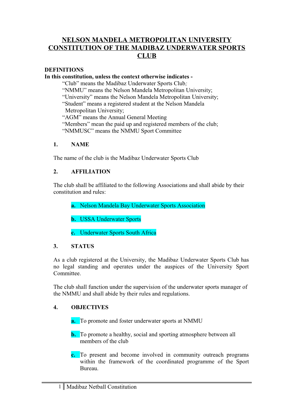 Constitution of the Nelson Mandela Metropolitan University Netball Club