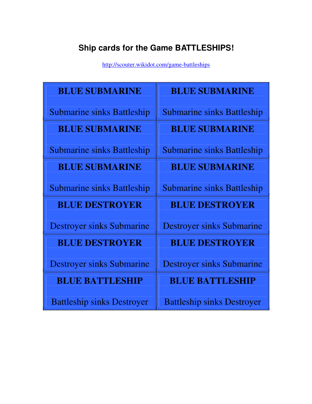 Ship Cards for the Game BATTLESHIPS!