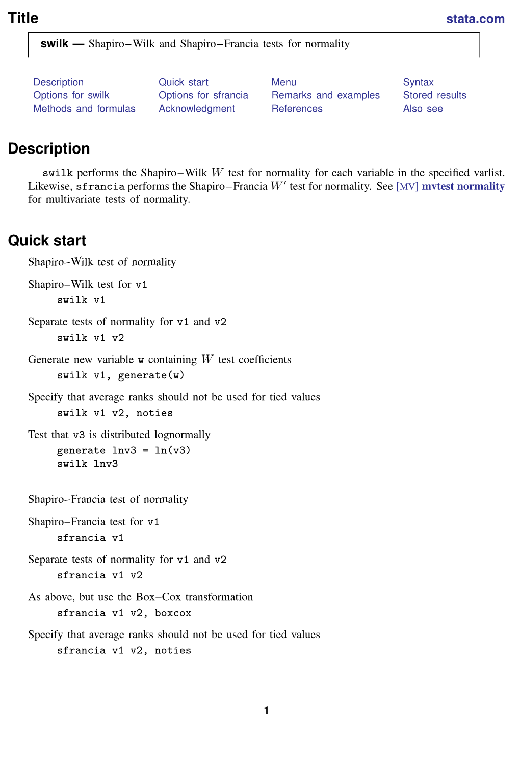 Swilk — Shapiro–Wilk and Shapiro–Francia Tests for Normality