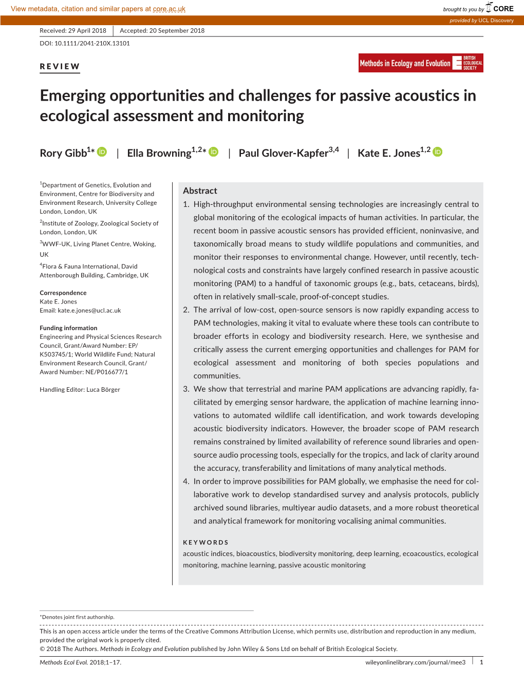 Emerging Opportunities and Challenges for Passive Acoustics in Ecological Assessment and Monitoring