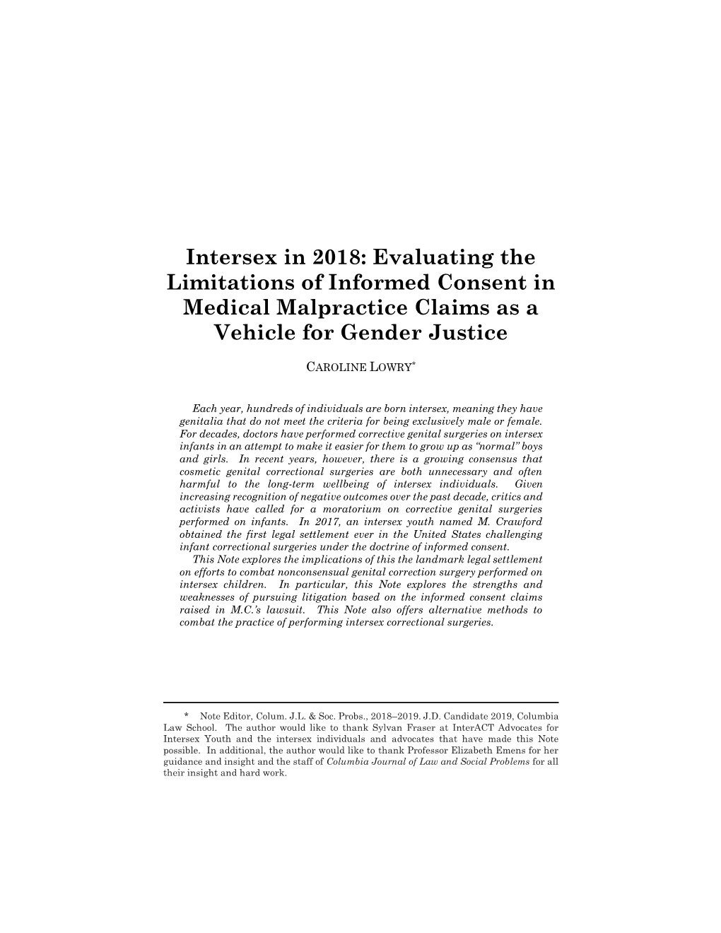 Intersex in 2018: Evaluating the Limitations of Informed Consent in Medical Malpractice Claims As a Vehicle for Gender Justice