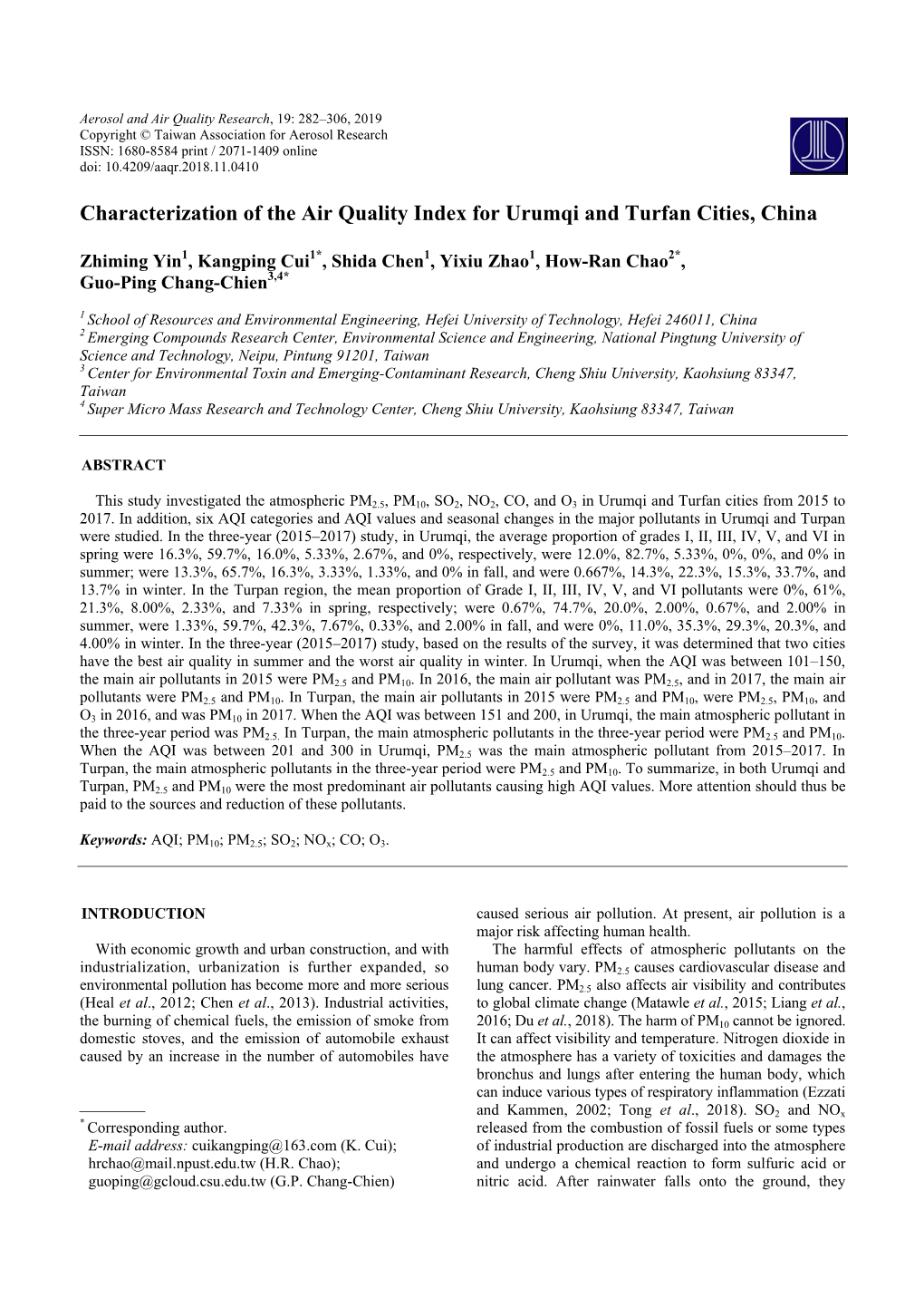 Characterization of the Air Quality Index for Urumqi and Turfan Cities, China