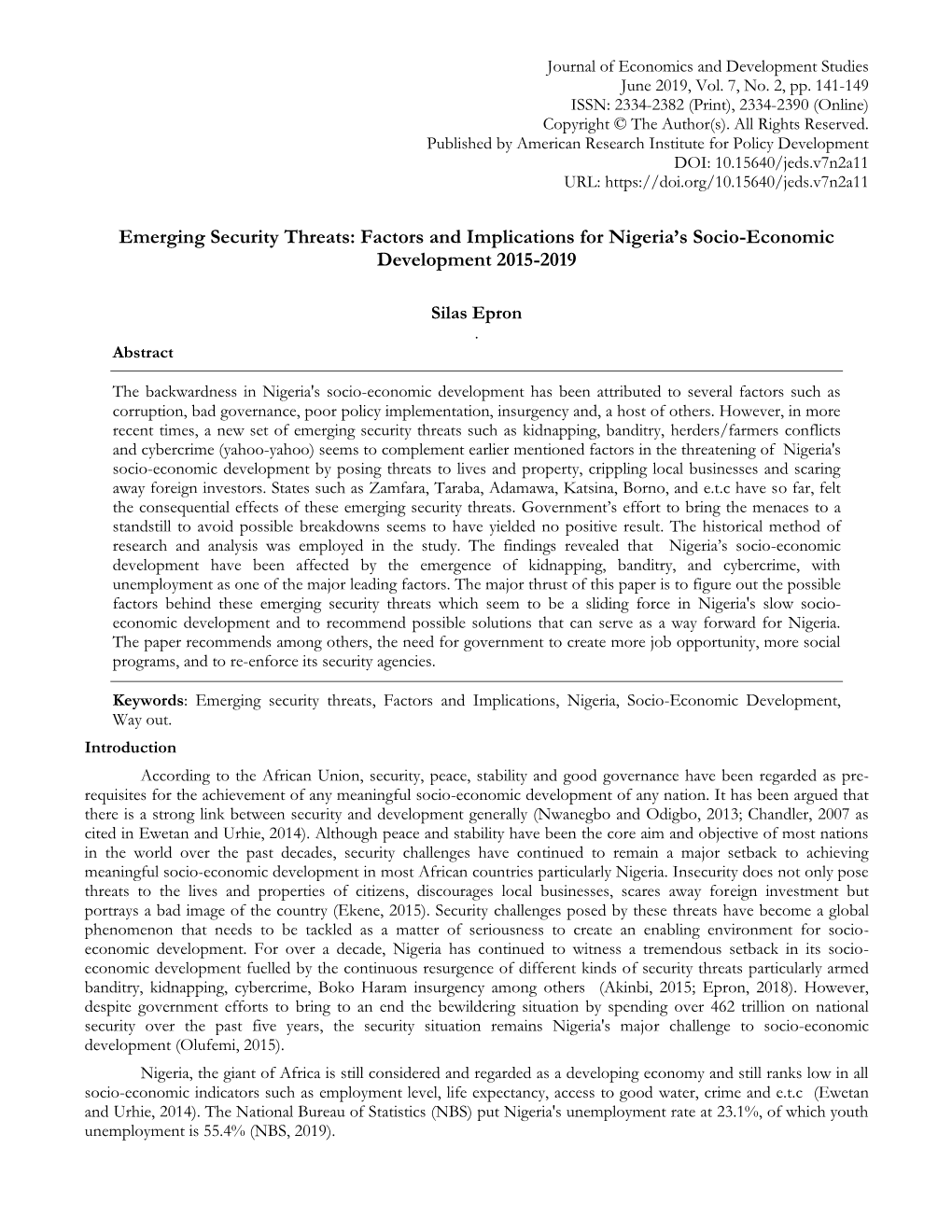 Emerging Security Threats: Factors and Implications for Nigeria's Socio-Economic Development