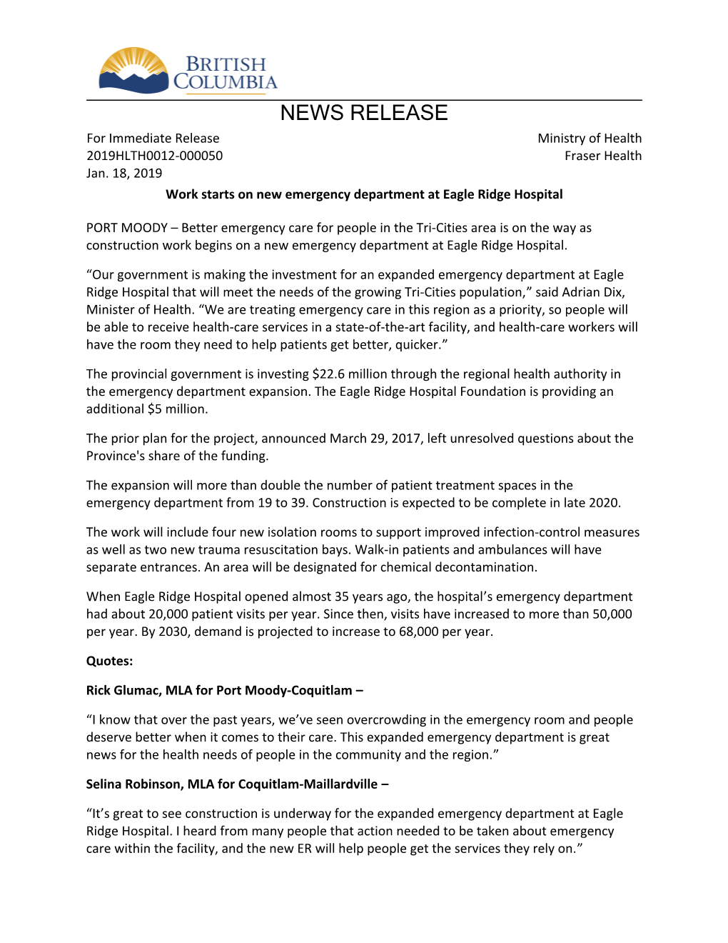 NEWS RELEASE for Immediate Release Ministry of Health 2019HLTH0012-000050 Fraser Health Jan