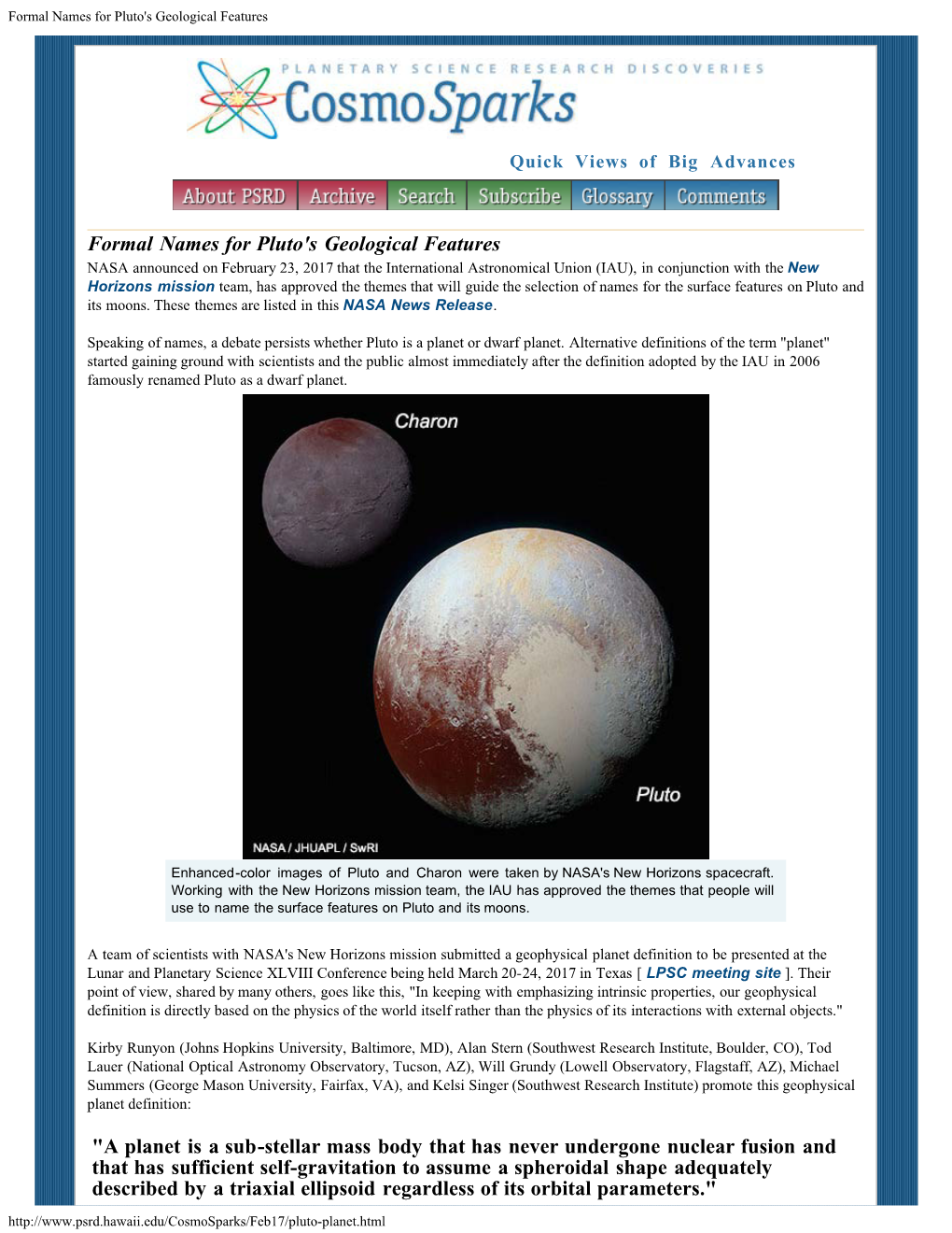 Formal Names for Pluto's Geological Features