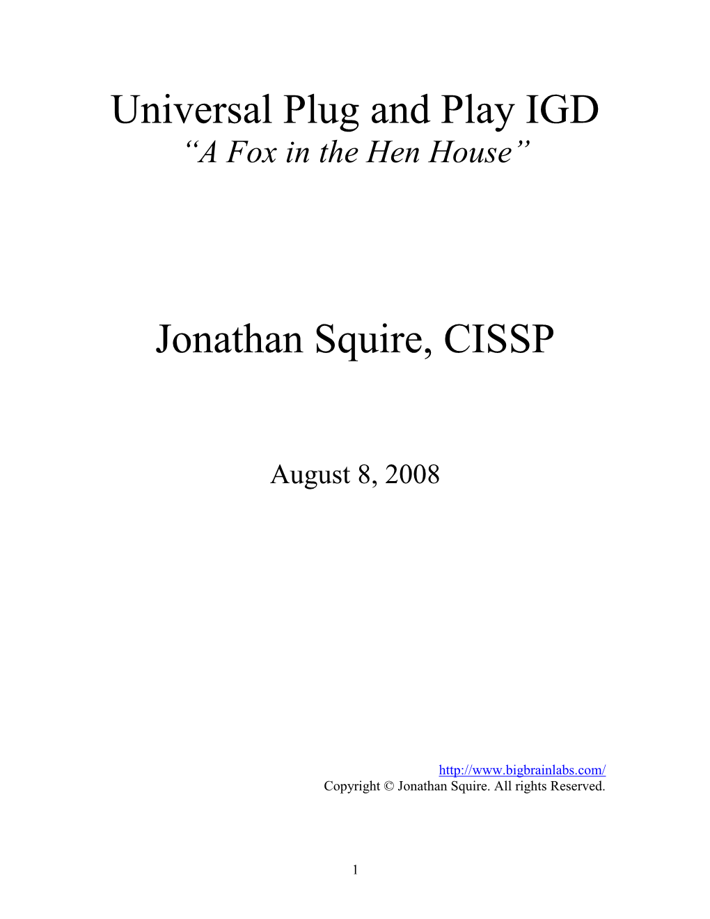 Universal Plug and Play IGD Jonathan Squire, CISSP