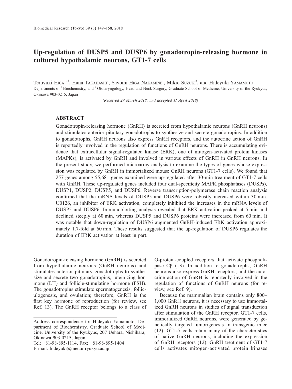 Up-Regulation of DUSP5 and DUSP6 by Gonadotropin-Releasing Hormone in Cultured Hypothalamic Neurons, GT1-7 Cells