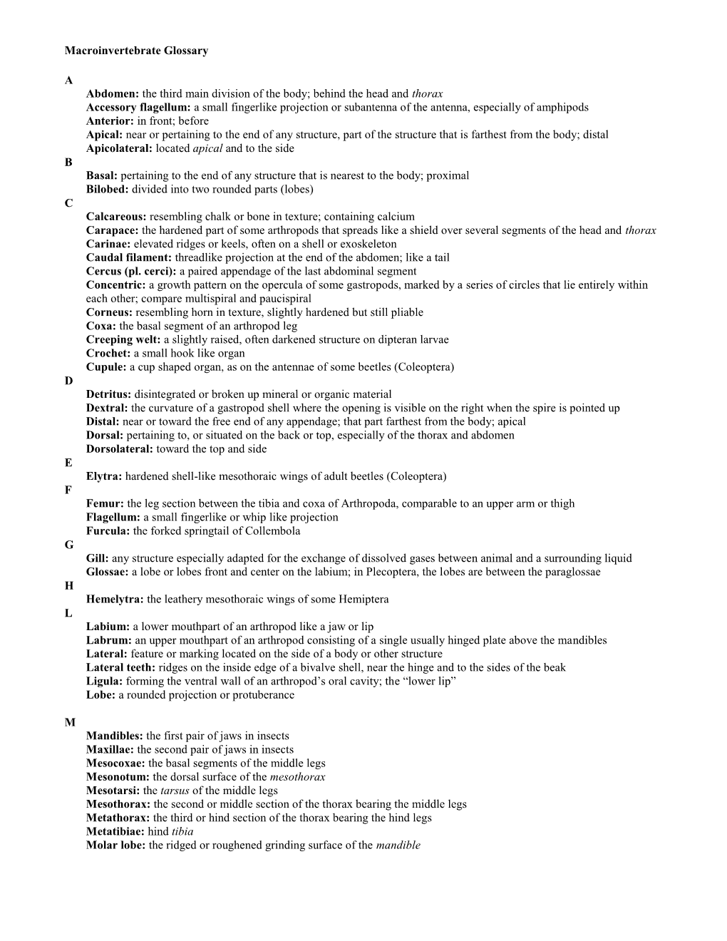 Macroinvertebrate Glossary a Abdomen