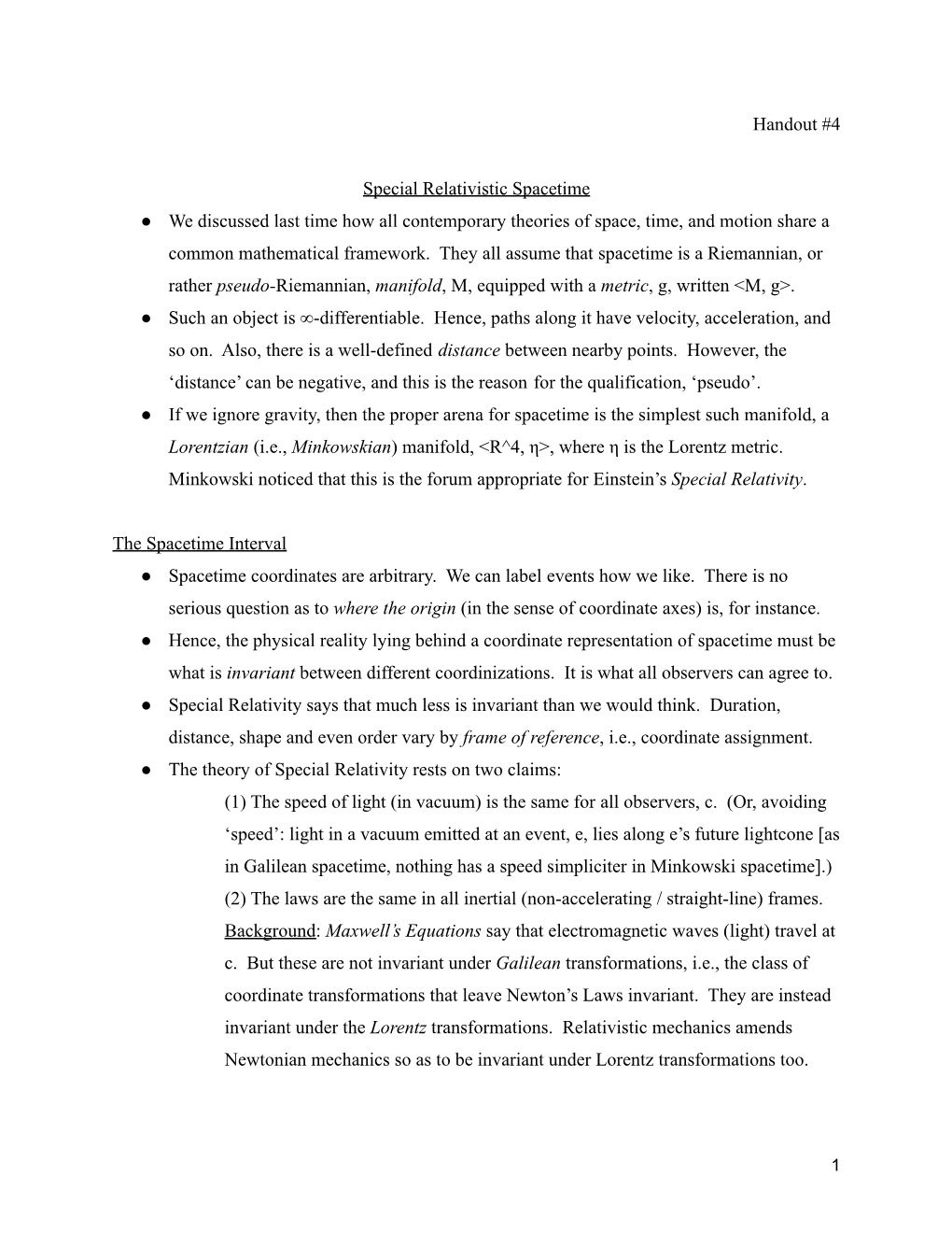 Handout 4 -- Special Relativistic Spacetime