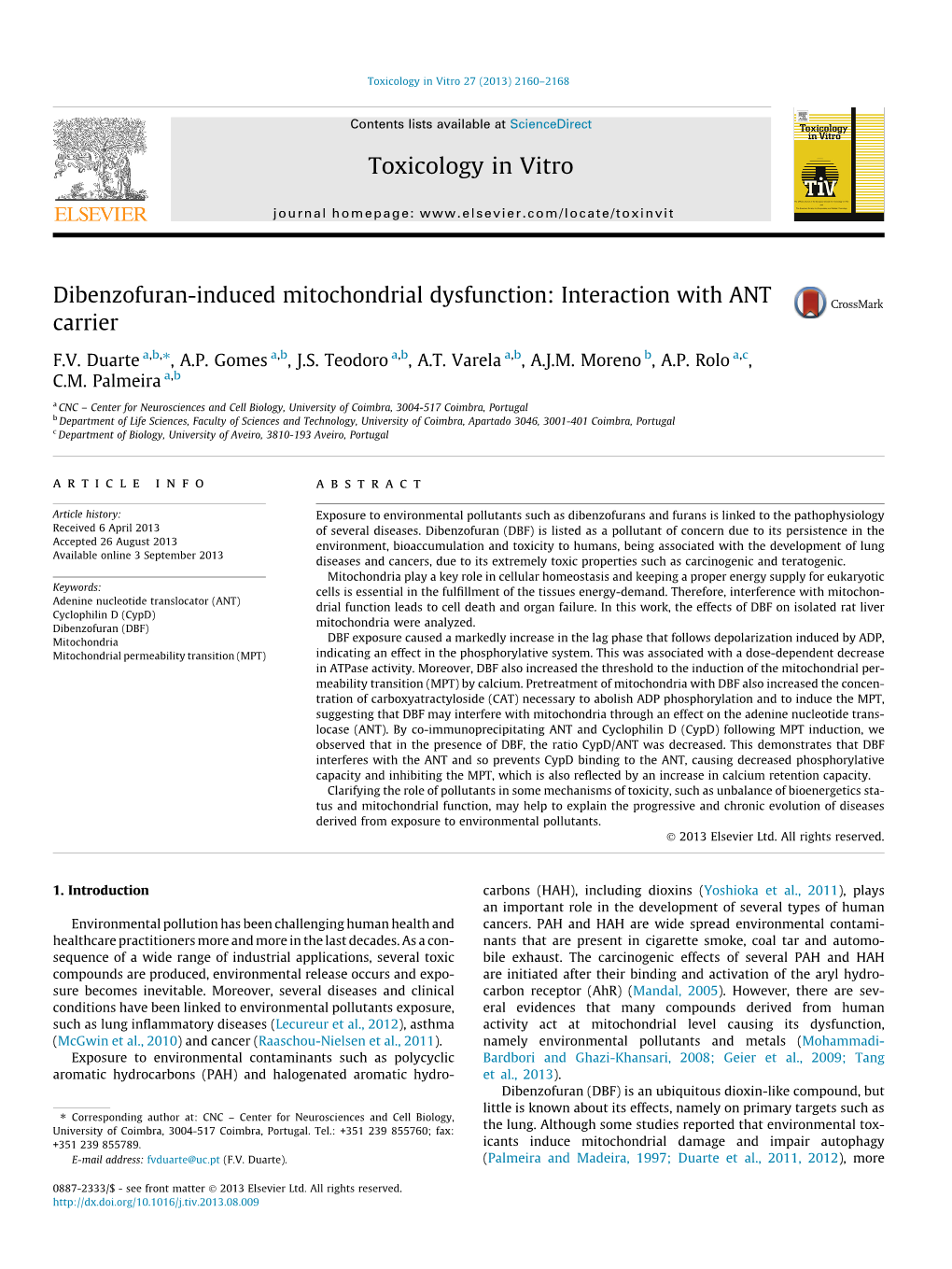 Dibenzofuran-Induced Mitochondrial Dysfunction: Interaction with ANT Carrier ⇑ F.V