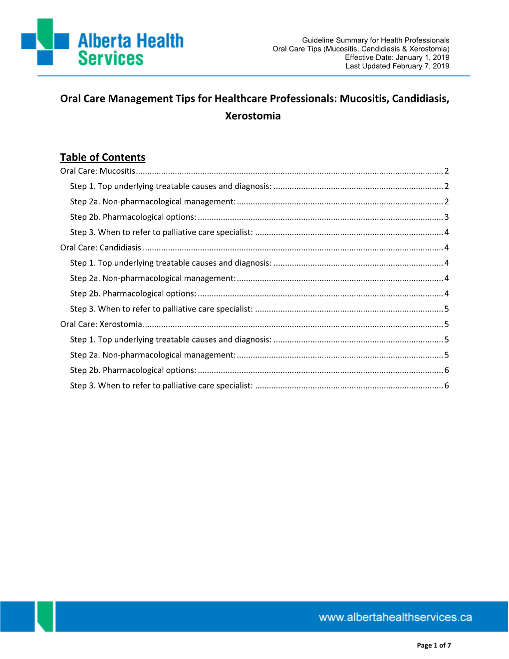 Symptom Management Summary Oral Care