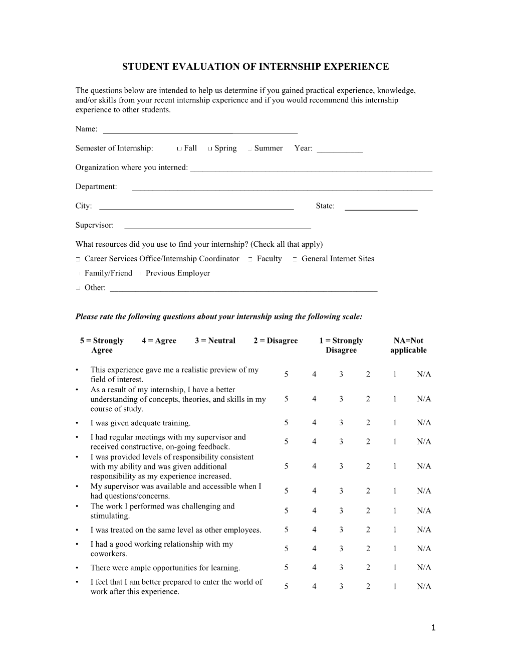 Student Evaluation of Internship Experience 1