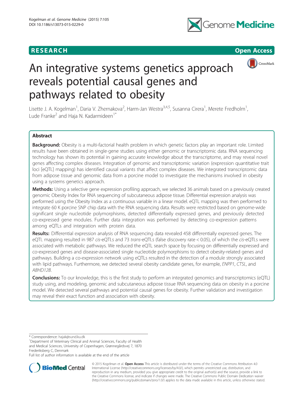 An Integrative Systems Genetics Approach Reveals Potential Causal Genes and Pathways Related to Obesity Lisette J