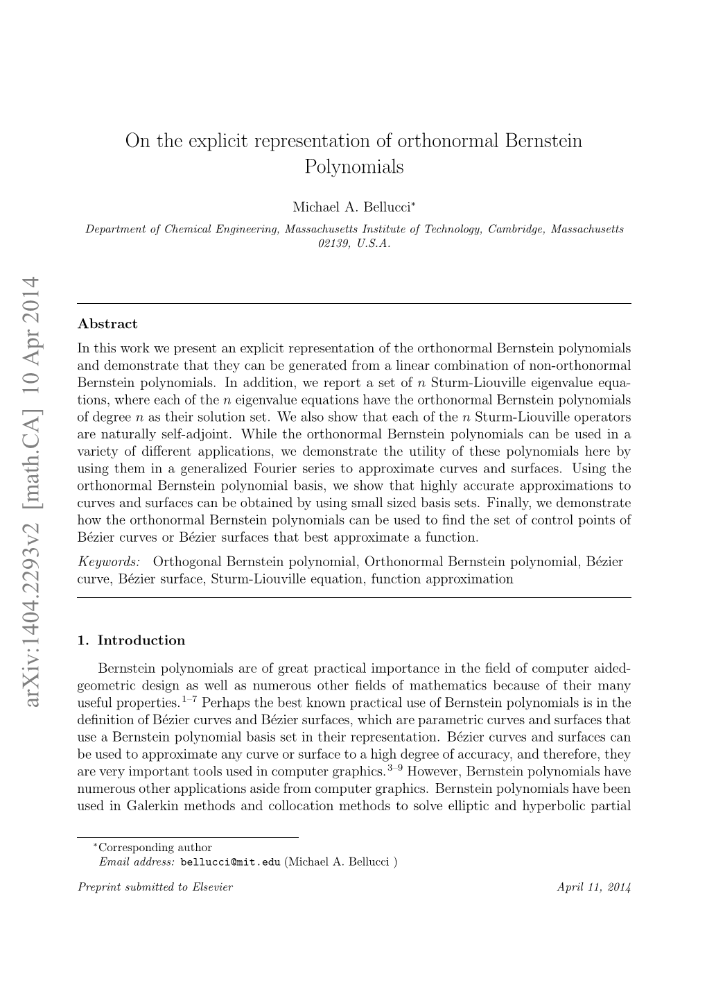 On the Explicit Representation of Orthonormal Bernstein Polynomials