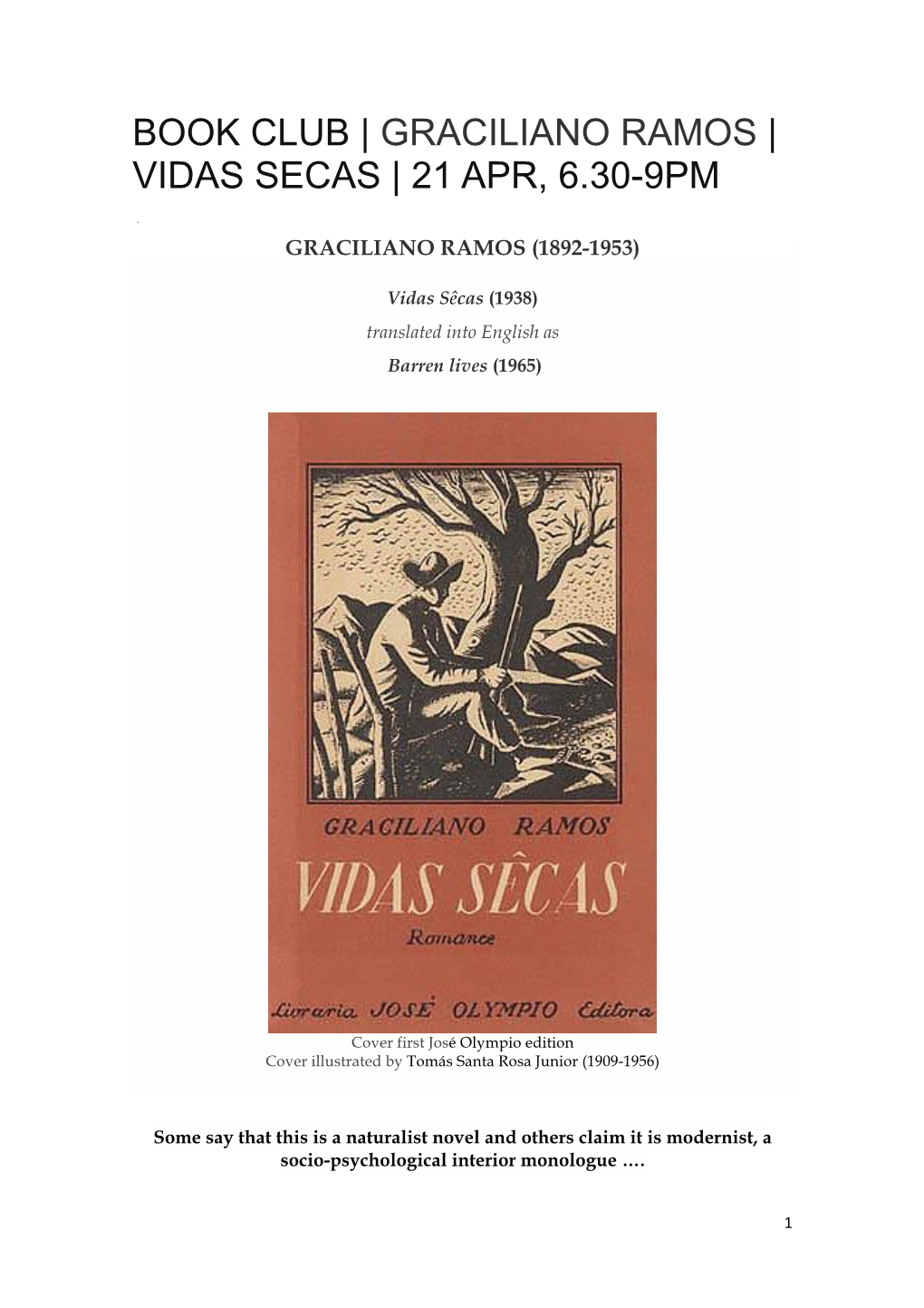 Book Club | Graciliano Ramos | Vidas Secas | 21 Apr, 6.30-9Pm