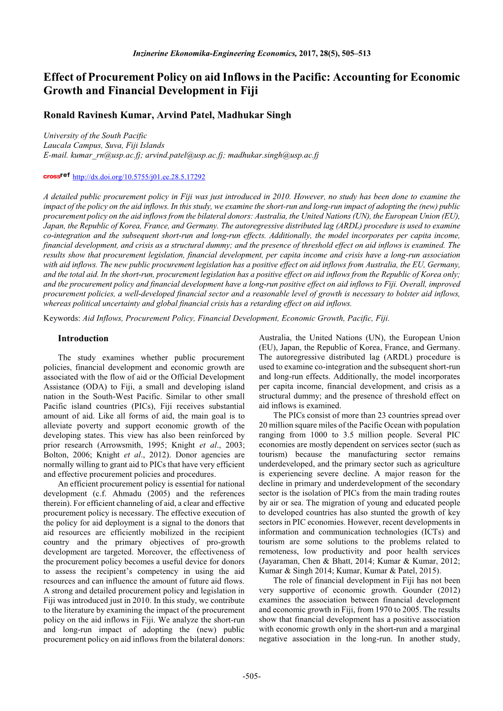 Effect of Procurement Policy on Aid Inflows in the Pacific: Accounting for Economic Growth and Financial Development in Fiji