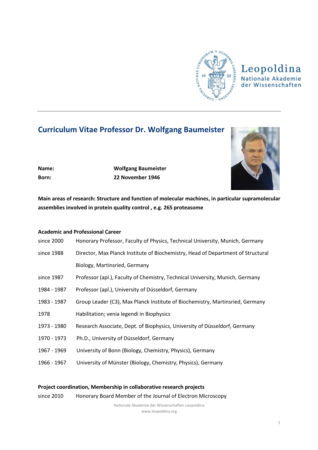 Curriculum Vitae Professor Dr. Wolfgang Baumeister