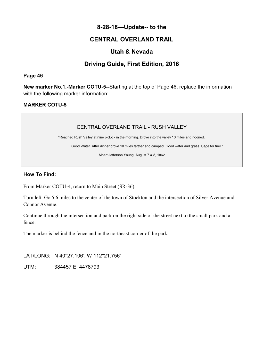 8-28-18---Update-- to the CENTRAL OVERLAND TRAIL Utah & Nevada Driving Guide, First Edition, 2016