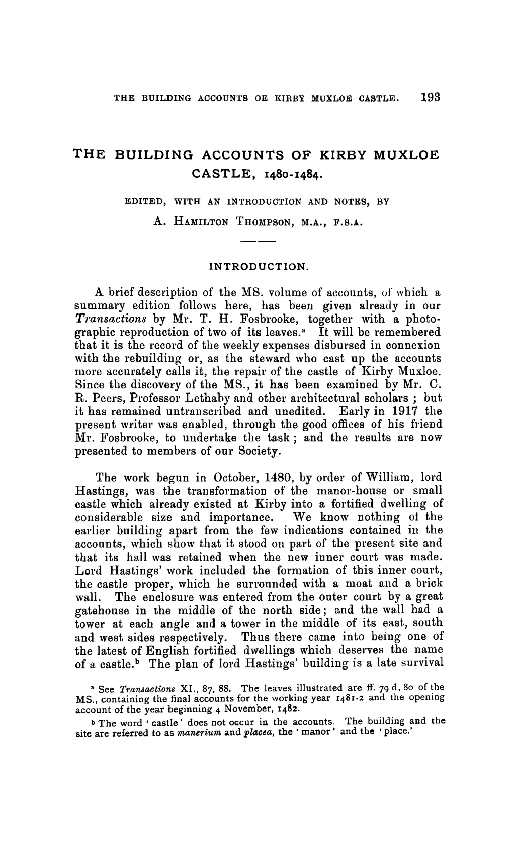 The Building Accounts of Kirby Muxloe Castle, 1480-1484