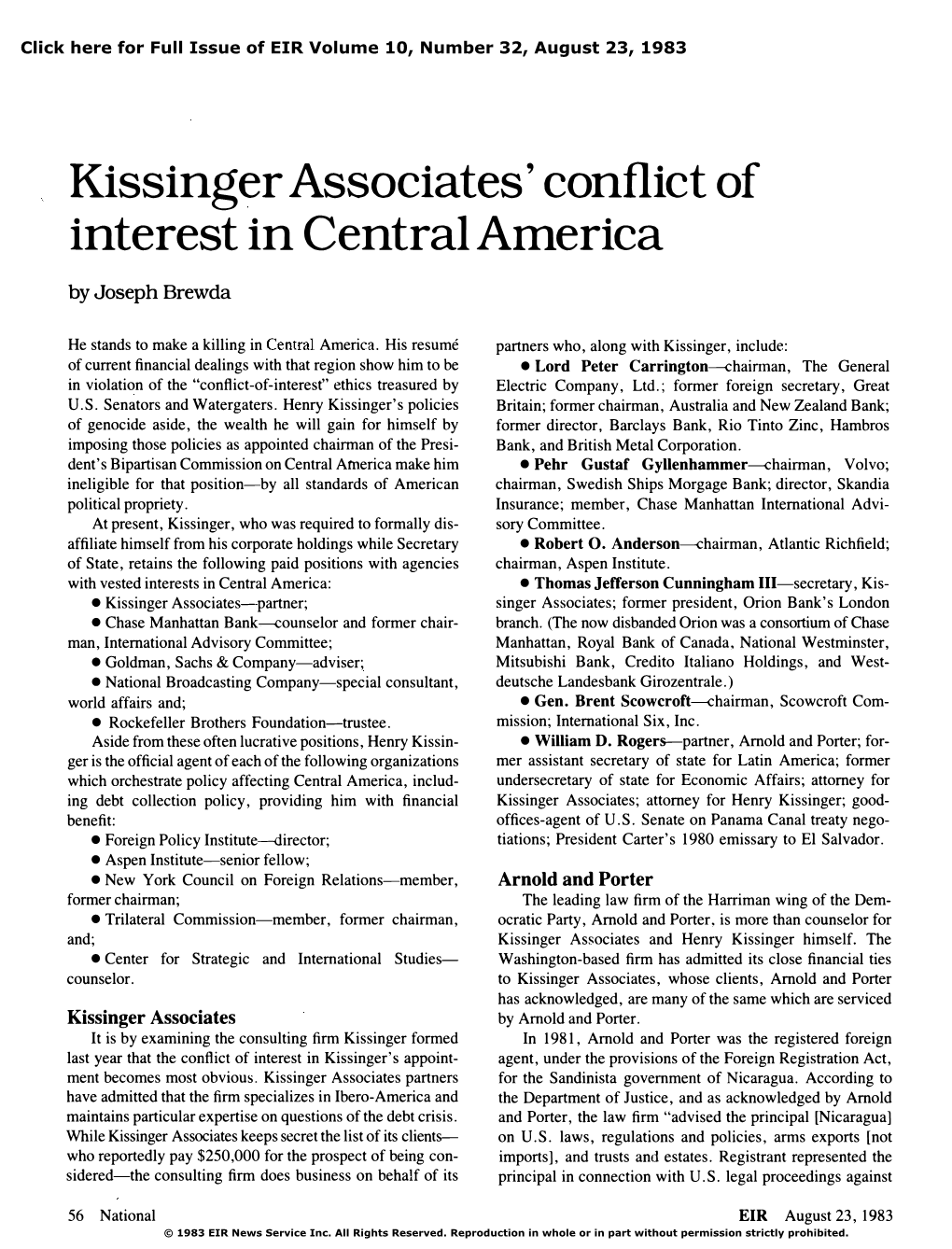 Kissinger Associates' Conflict of Interest in Central America