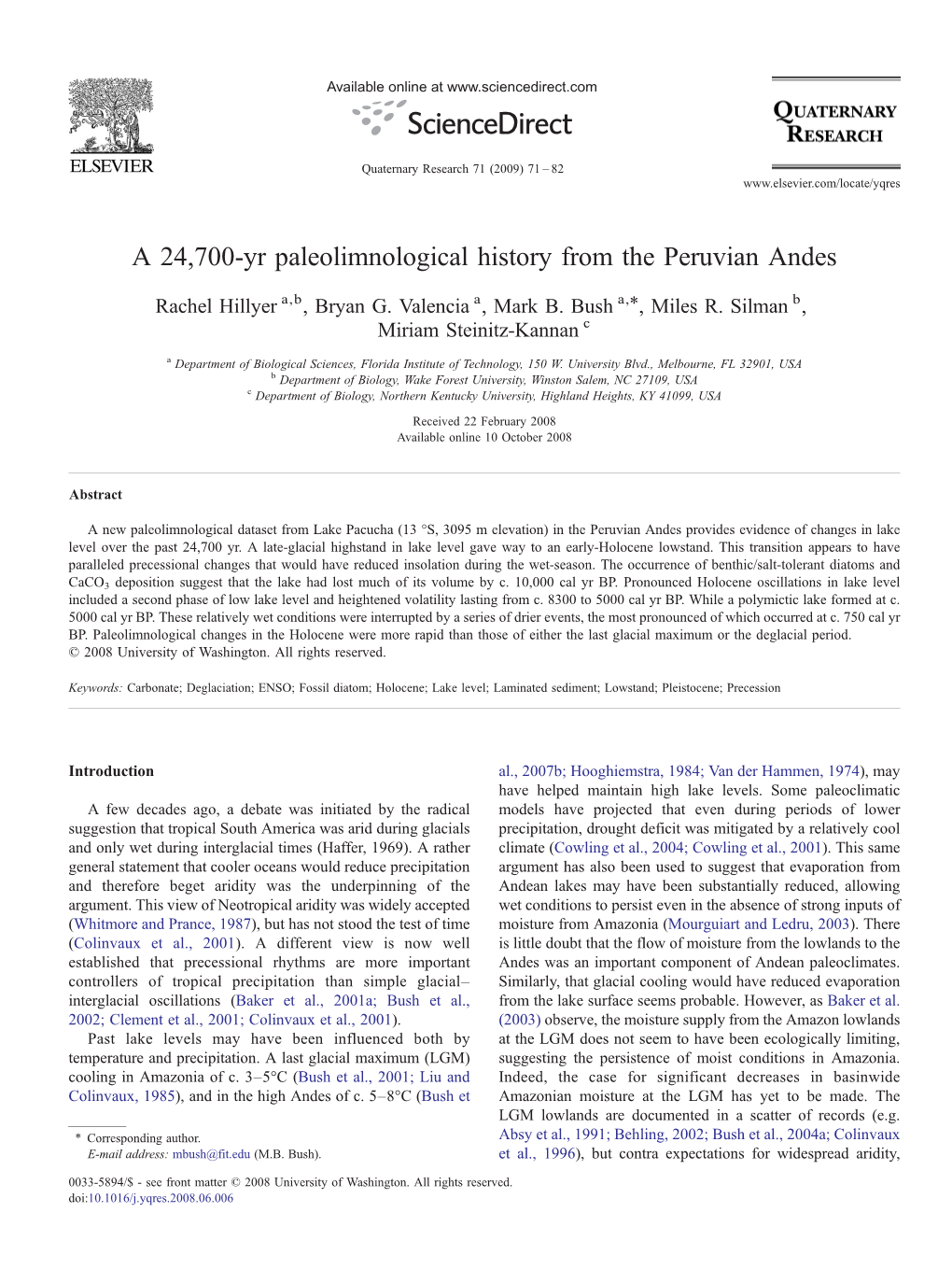 A 24,700-Yr Paleolimnological History from the Peruvian Andes ⁎ Rachel Hillyer A,B, Bryan G