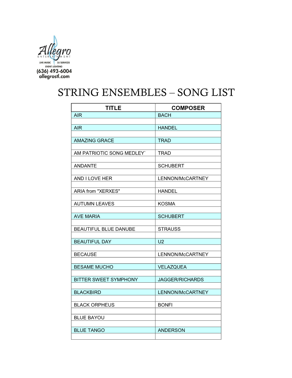 String Ensembles – Song List